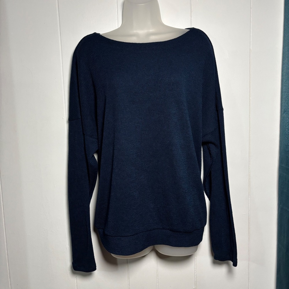 Maeve Anthropologie Navy Blue Waffle Knit Boat Neck Dolman Long Sleeve Sz XL